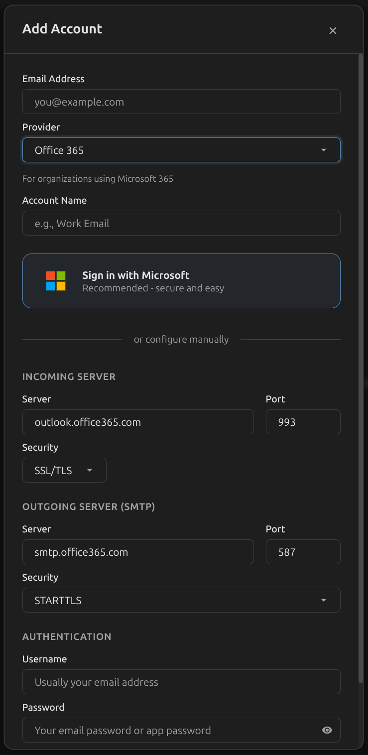Melia account setup with provider presets for Gmail, Outlook, ProtonMail, and more