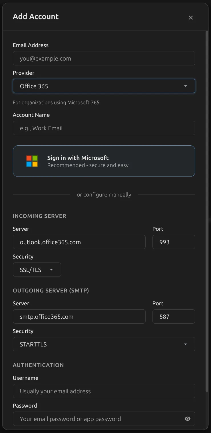 Melia account setup with provider presets for Gmail, Outlook, ProtonMail, and more