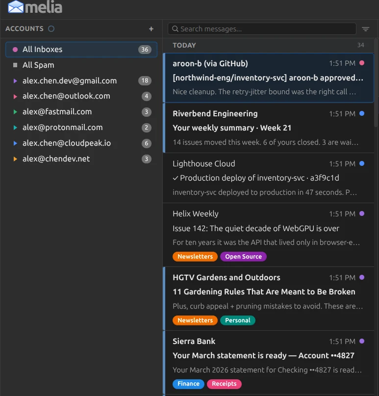 Melia's sidebar showing All Inboxes and All Spam above six accounts, each with its own color, beside a merged message list where every message carries a dot in the color of the account it belongs to