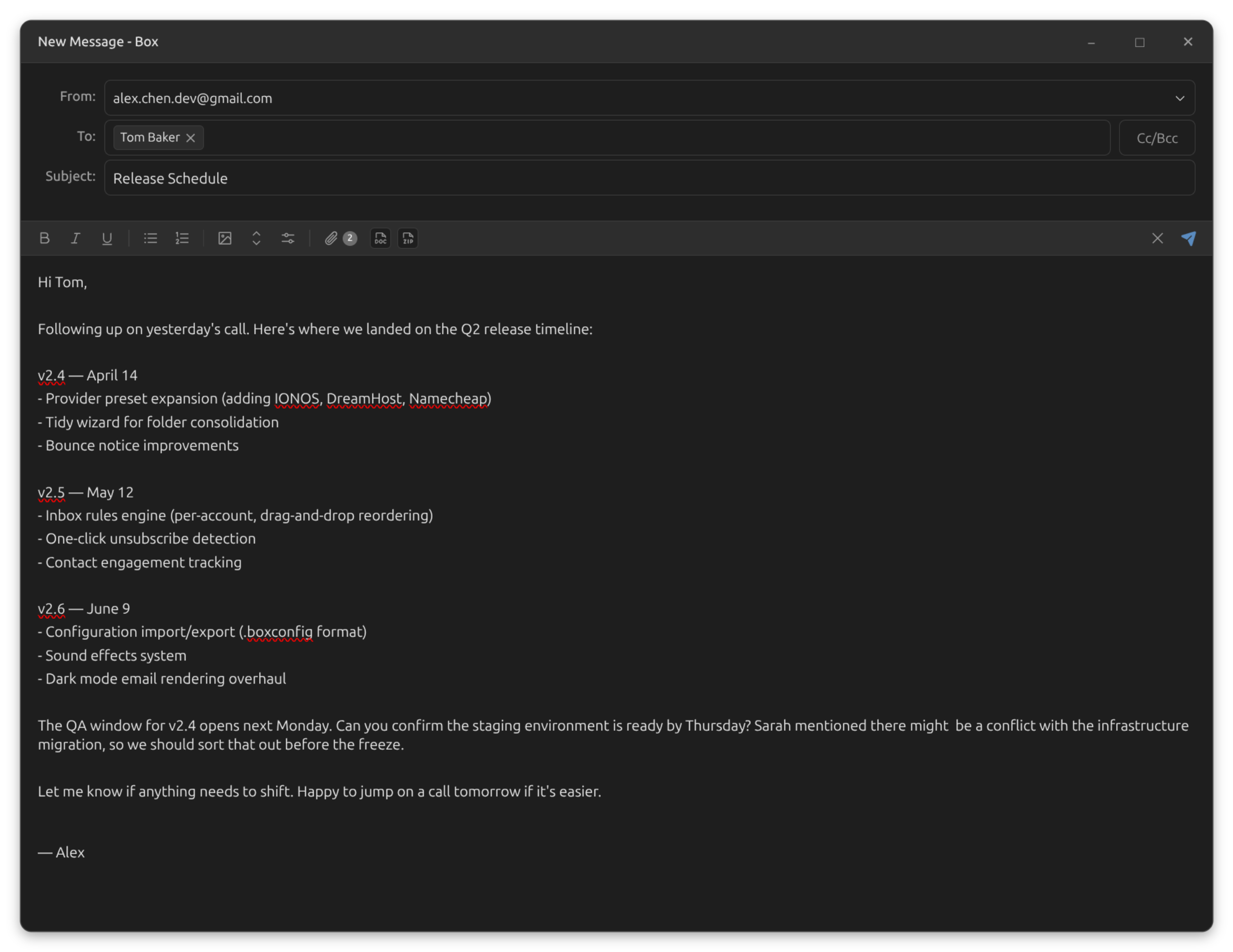 Melia compose window with rich text editor, formatting toolbar, and inline reply