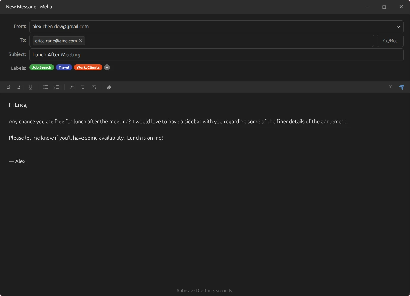 Melia compose window showing the From, To and Subject fields, a row of Gmail labels applied to the outgoing message, the rich text formatting toolbar, and an autosave countdown