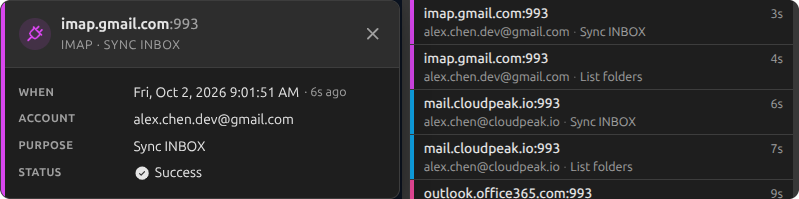 Clicking a mail sync in Recent Activity: the card for imap.gmail.com shows when it happened, the account alex.chen.dev@gmail.com, the purpose Sync INBOX, and a successful status