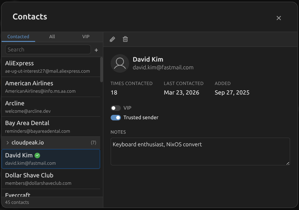 Melia contacts manager with VIP tab, engagement tracking, and domain grouping
