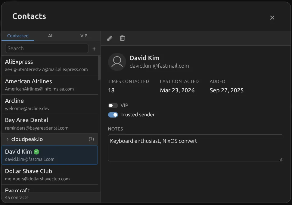 Melia contacts manager with VIP tab, engagement tracking, and domain grouping