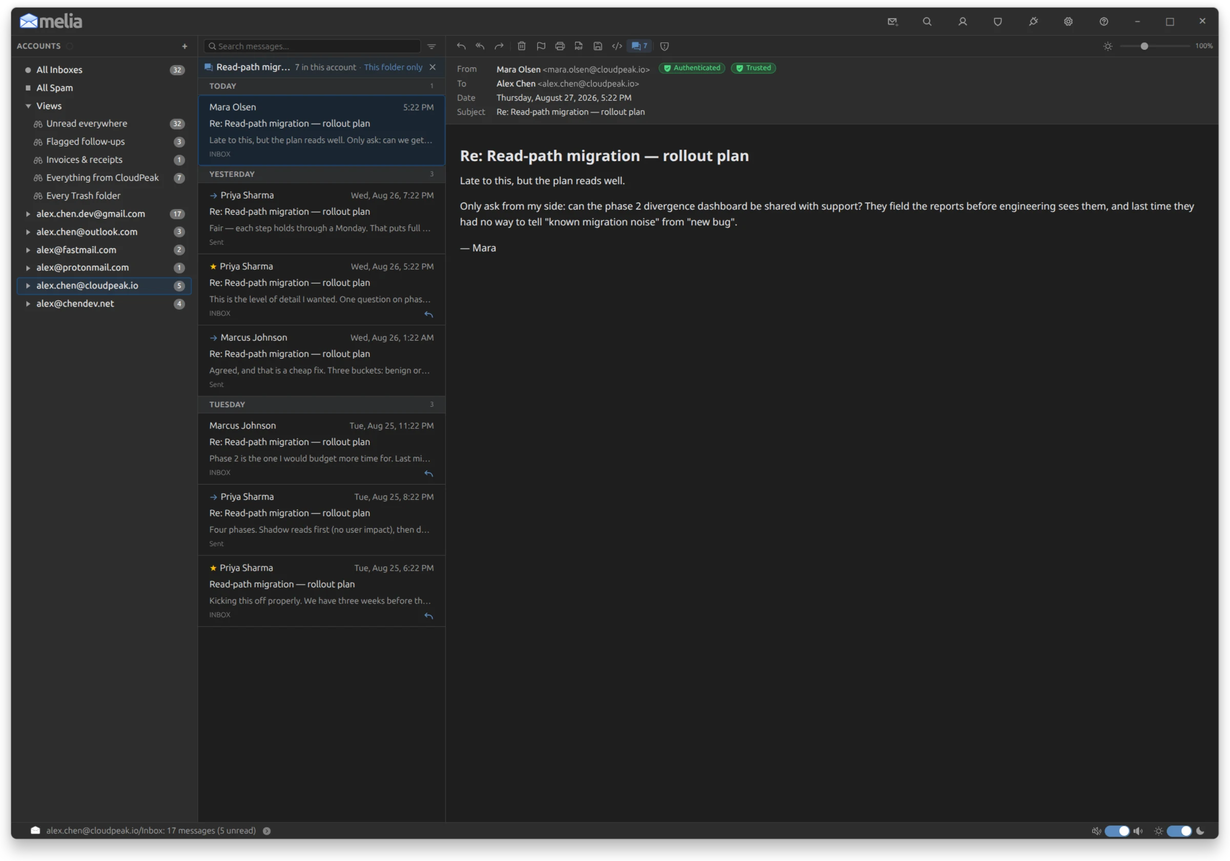 Melia filtered to a single conversation, with a bar above the message list naming the thread and reading 7 in this account beside a This folder only control. The seven messages interleave rows labelled INBOX and Sent, and the reading pane toolbar shows the conversation button lit with a count of 7