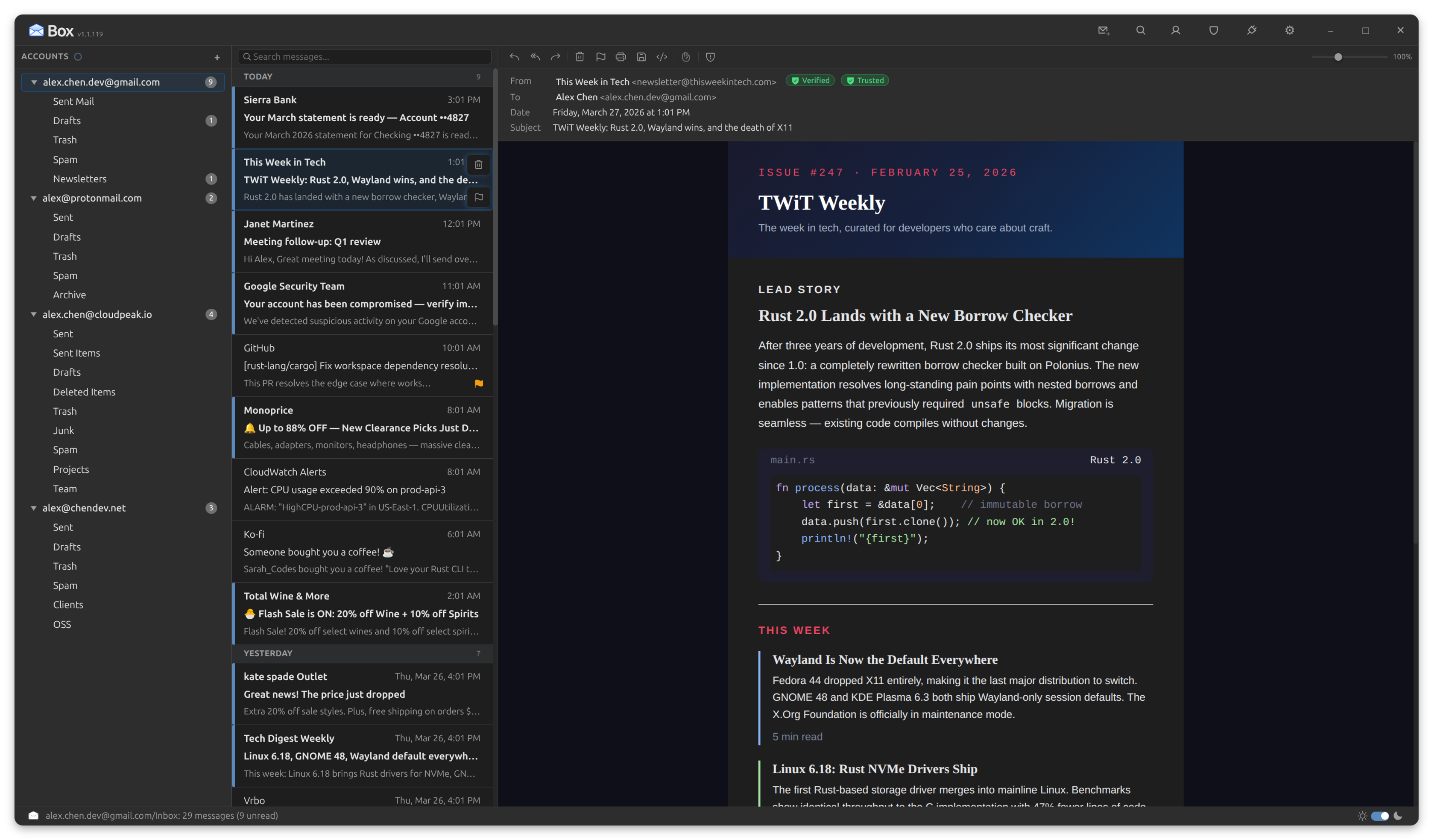 Melia three-pane layout with multiple accounts and folder management