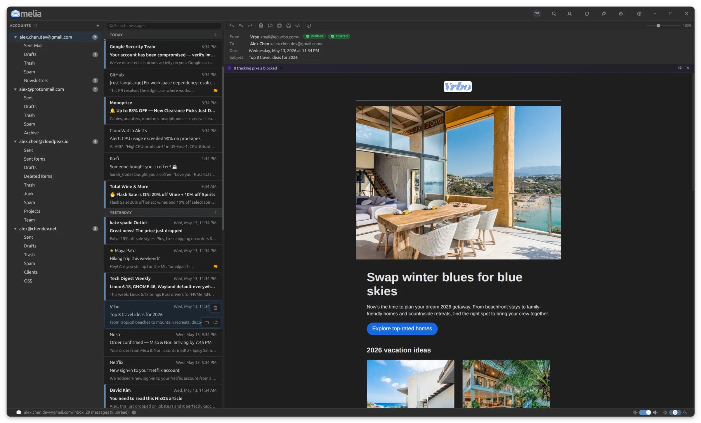 Melia displaying multiple accounts in a single window