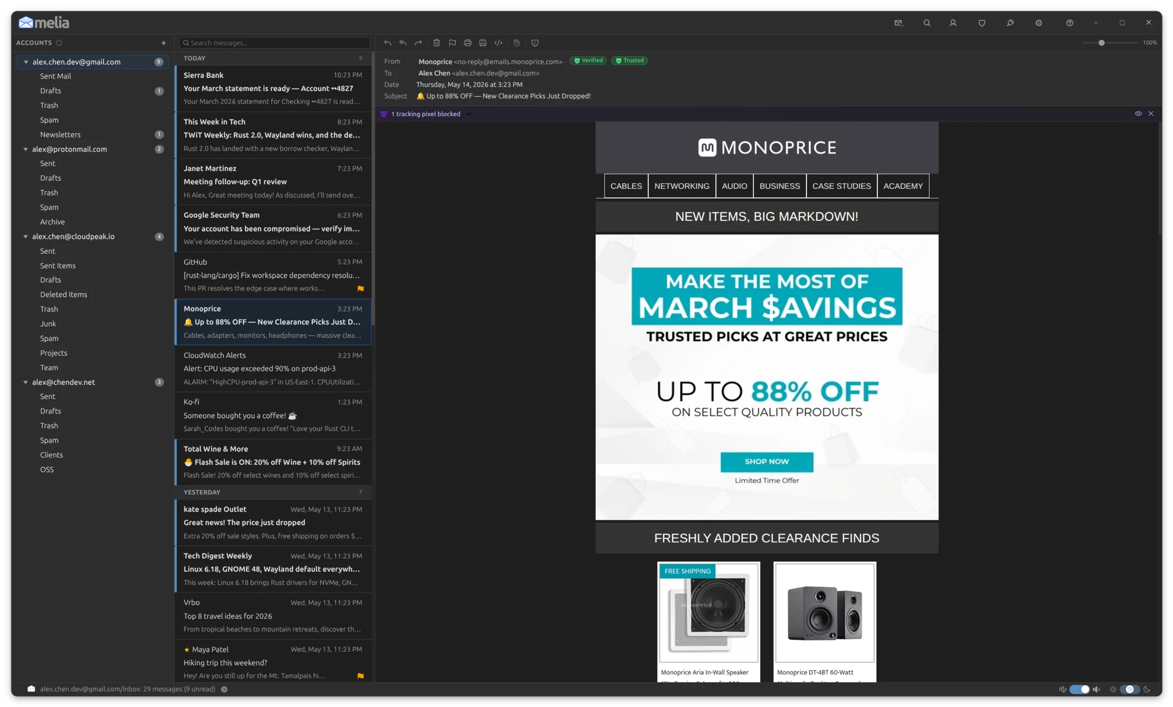 Melia email client in dark mode