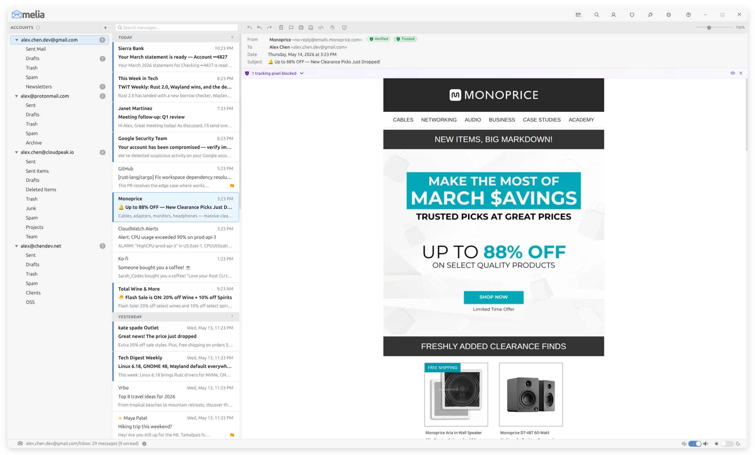Melia email client in light mode