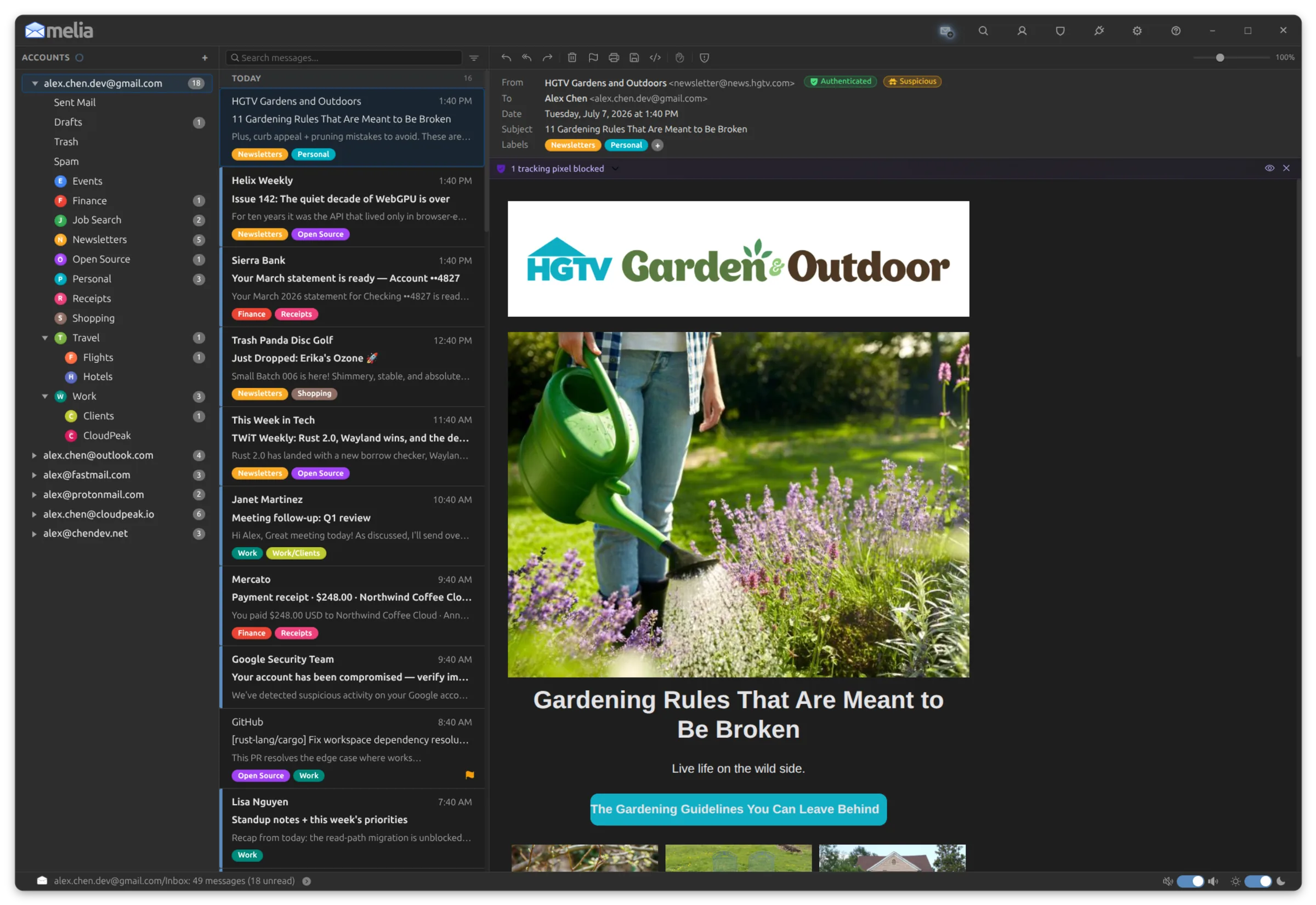 Melia showing Gmail labels as colored chips in the message list, nested labels in the sidebar, and a Labels row in the reading pane