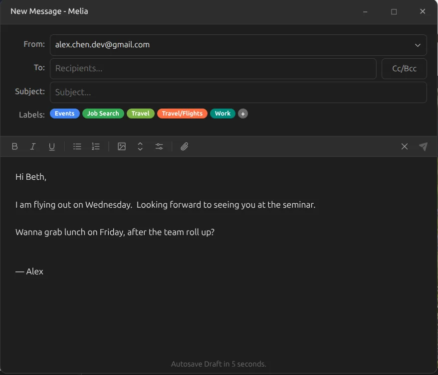 Melia compose window with Gmail labels assigned before the message is sent