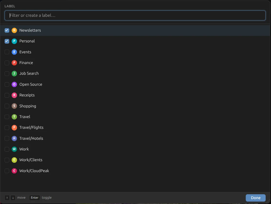 Melia label picker with a filter-or-create field, checkboxes, and keyboard hints