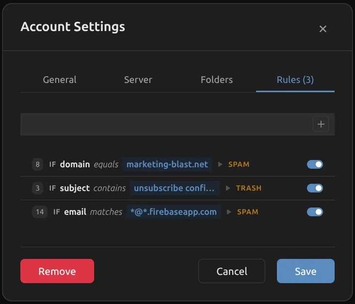 Melia inbox rules with drag-and-drop reordering and hit counters