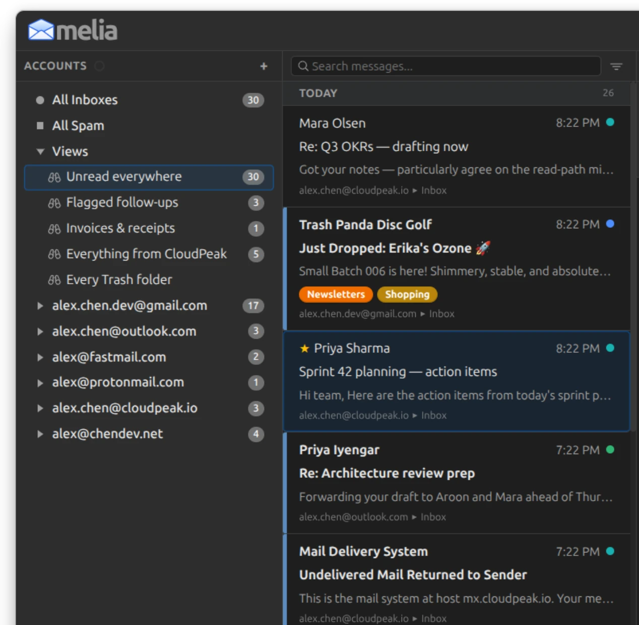 Melia's sidebar with a Views heading holding five saved views above the accounts, one selected, and its results filling the message list beside it