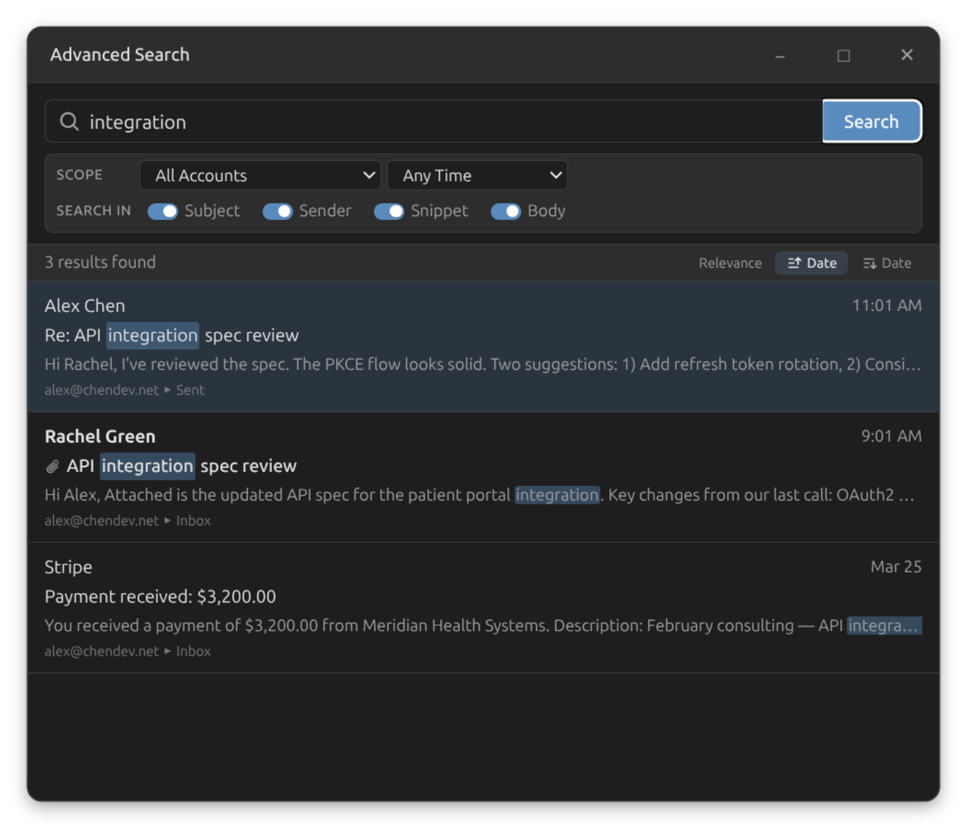 Melia Advanced Search with scope filters, field toggles, and highlighted results