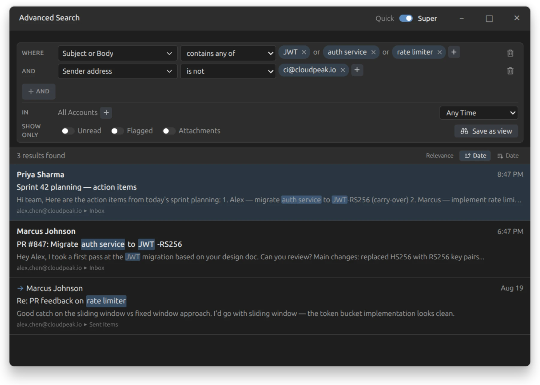 Melia's Advanced Search window in Super mode, with two conditions built up and matching results listed below, each row labelled with the account and folder it came from