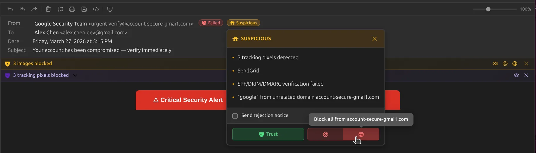 Suspicious sender flagged