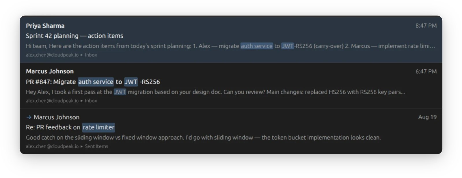 Three messages in a saved view, each row showing the account and folder it came from underneath the sender and subject, with the matching search words highlighted