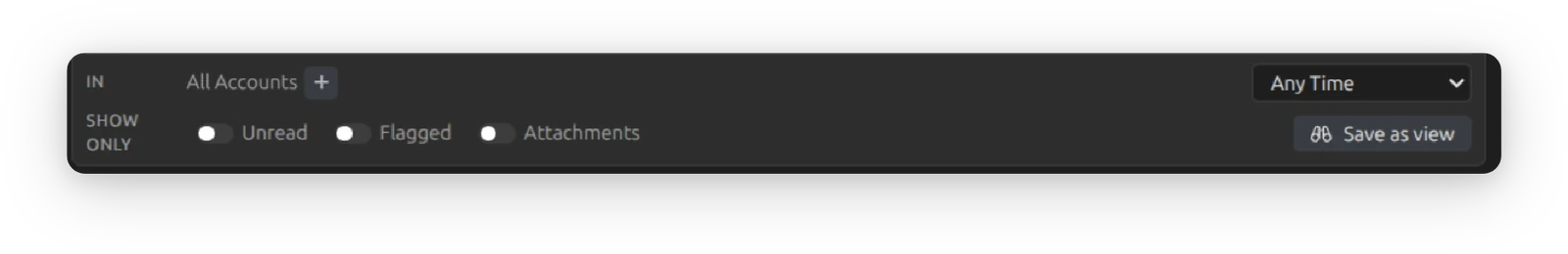 The bottom row of Melia's Advanced Search: an IN row set to All Accounts, Show only toggles for Unread, Flagged and Attachments, a date range dropdown set to Any Time, and the Save as view button