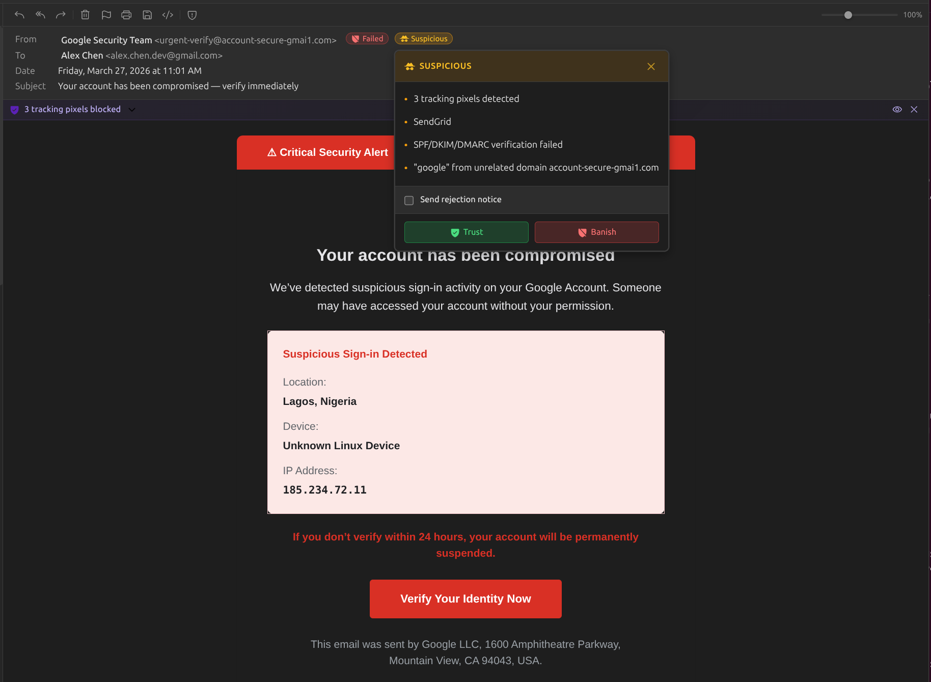 Melia with dark mode email rendering, authentication badges, and tracking pixel count